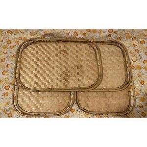 Set of 4 Vtg Natural MCM Boho Bamboo Rattan Wicker Tiki Lap Serving Tray 19”x13”